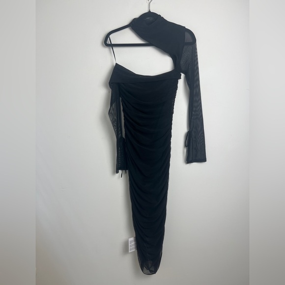 NEW ASOS DESIGN Black Asymmetric One Sleeve Mesh Ruched Midi Dress UK12/US8 - Picture 10 of 13